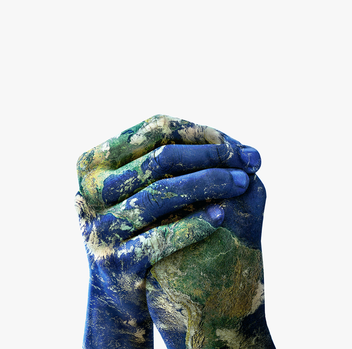 Clasped hands with an image of the Earth
