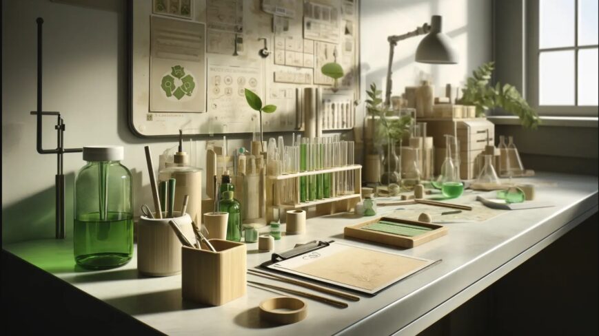 Chemistry lab bench with plants and greenery spread across it